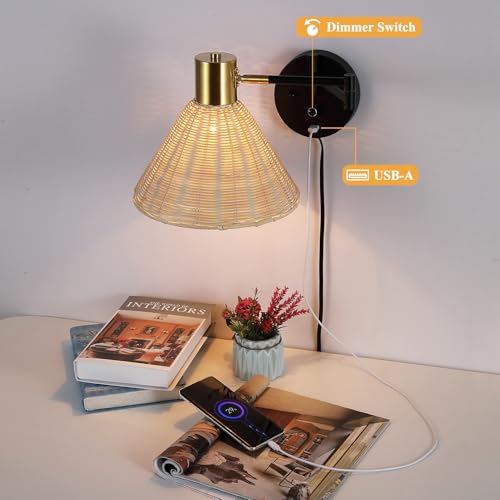 Plug in Rattan Wall Sconce Swing Arm Wall Lamp, Black - color: Black+Rattan Shade