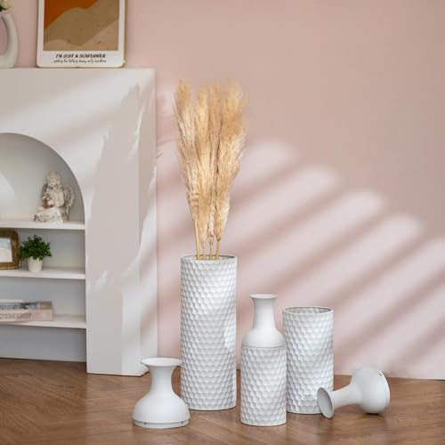 Sziqiqi White Tall Floor Vase, Metal Vases with Honeycomb Texture, 3Pcs - color: White