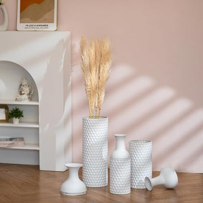 Sziqiqi White Tall Floor Vase, Metal Vases with Honeycomb Texture, 3Pcs - color: White