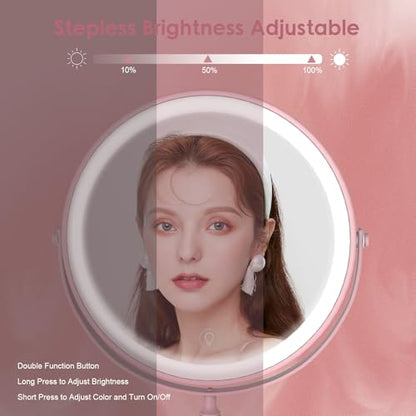 DEIOVWXS Makeup Mirror, Rechargeable Vanity Mirror with 3 Lights, 1X/10X - color: Pink