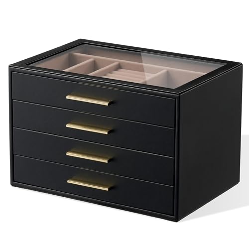 Jewelry Box Organizer Storage Case, 4-Layer with Glass Window, Black - color: Black, size: 4 layer