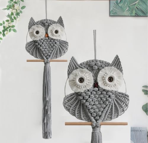 Achart Owl Macrame Wall Hanging-Hand Woven Boho Tapestry-Macrame Wall Decor - color: Grey-S