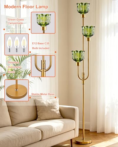 3-Light Glass Floor Lamp 66IN Modern Green Glass Gold Dimmable Floor Lamps - color: Green Tulip-Gold