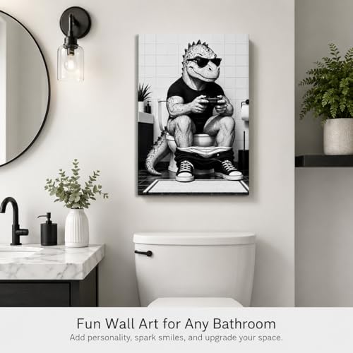 Canvas Wall Art Funny Dinosaur Framed Style Powder Room Accent 12x16 Inch - color: Funny Dinosaur, size: 16"L x 12"W