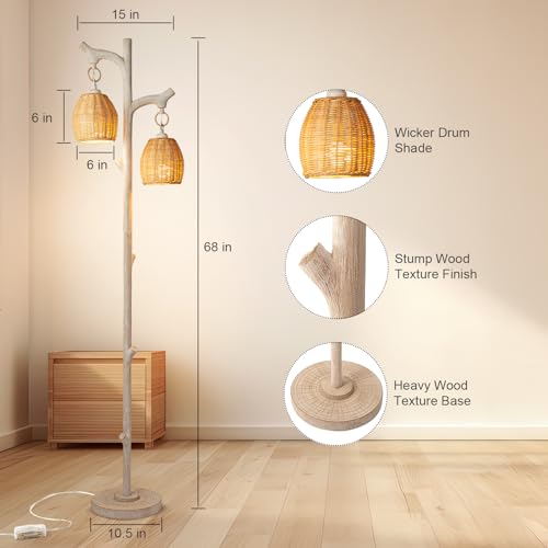 Scenekoy 68" Tall Floor Lamp with Wicker Drum Shade, Foot Switch Dimming - color: Washed White
