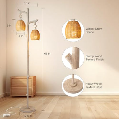 Scenekoy 68" Tall Floor Lamp with Wicker Drum Shade, Foot Switch Dimming - color: Washed White