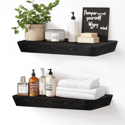 16x6.8x1.6in Slanted Solid Wood Floating Wall Shelves 2-Pack Black - color: Black, size: 16"-Set of 2