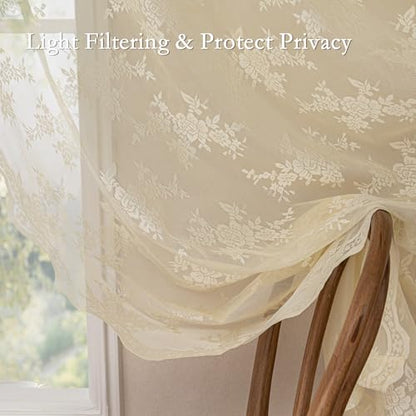 MEETSKY Lace Sheer Curtains 96 Inch Length Cream Floral Sheer Curtain - color: Light Yellow, size: 50"W x 96"L (Pack of 2)