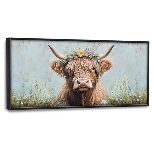 Trulave Large Highland Cow Pictures Wall Art for Living Room 60''x30'' | Cow with Flowers Framed Wall Decor Animal Canvas Pictures Painting Modern Artwork for Bedroom Office - color: Highland Cow3, size: 60"L x 30"W