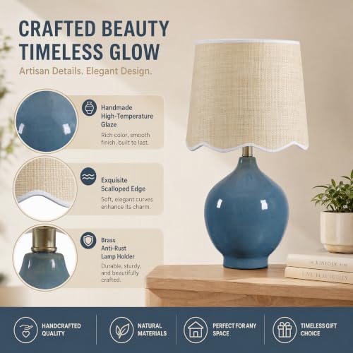 21"H Slate Blue Ceramic Table Lamp with Beige Faux Rattan Drum Shade - color: Slate Blue
