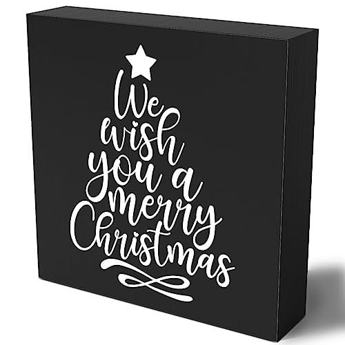 Funny Christmas Wooden Box Sign Plaque We Wish You a Merry Christmas Black Wood Box Sign Rustic Art Home Shelf Desk Decor 5 x 5 x 1 Inches - color: Merry Christmas26