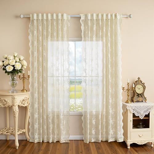 MEETSKY Lace Sheer Curtains 96 Inch Length Cream Floral Sheer Curtain - color: Light Yellow, size: 50"W x 96"L (Pack of 2)