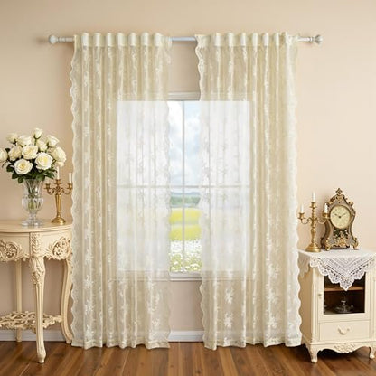 MEETSKY Lace Sheer Curtains 96 Inch Length Cream Floral Sheer Curtain - color: Light Yellow, size: 50"W x 96"L (Pack of 2)