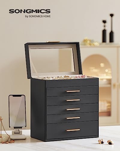 SONGMICS Jewelry Box Organizer, 6-Layer Storage with 5 Drawers, Glass Lid - color: Ink Black + Gold, size: 6 Layer (6.4"d X 9.9"w)