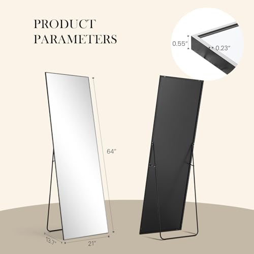 DUMOS 64"x21" Full Body Mirror with Stand, Full Length Mirror, Black