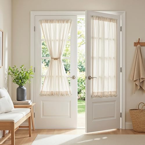 MYSKY HOME Linen French Door Curtains for Door Window 40 Inch Length 2 Panels Semi Sheer Light Filtering Curtain for Glass Small Window Drapes Rod Pocket for Bedroom Bathroom, Natural Linen, 26" Wide - color: Natural Linen, size: 26"W x 40"L (Pack of 2)