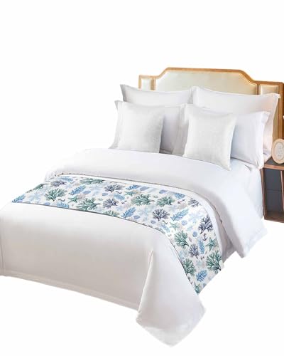 DecorLovee Blue Coastal Bed Runners for King Size Bed, Beach Nautical Bed Throws for Foot of Bed, Ocean Coral Starfish Seaside Bed Runner Sofa Throw Bedding Scarf Protector Slipcover for Bedroom - color: Blue Coastal, size: 94"x20" for King Bed