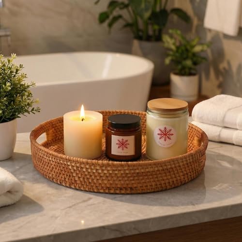 Round Rattan Serving Tray with Handles, Natural Wicker Decorative Tray for Serving, Fruit/Bread Serving Basket, Round Woven Tray，11.8 inch, Gift Idea Choice (11.8") - size: 11.8"
