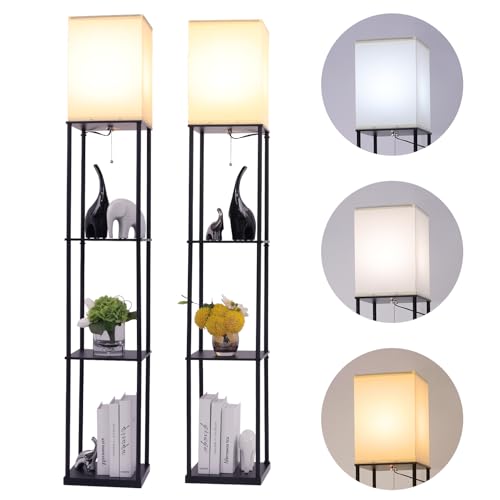 Gupuzm Floor Lamp with Shelves, Modern Square Standing Lamp with 3 Color Temperature Bulb, Corner Display Bookshelf Lamp for Living Room, Bedroom and Office (Black-2 Pack) - color: Black-2 Pack