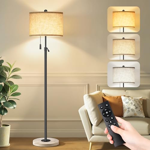 Floor Lamp for Living Room, Floor Lamp with Remote Control, Adjustable Height Modern Standing Lamp with Marble Base & Linen Shade, Dimmable Tall Floor Light for Bedroom, Reading Black - color: Black-Remote Control