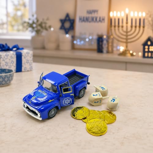 Hanukkah Truck Decor with 3 Wooden Dreidels and Gold Gelt Coins, 5.7-Inch - color: Hanukkah Blue