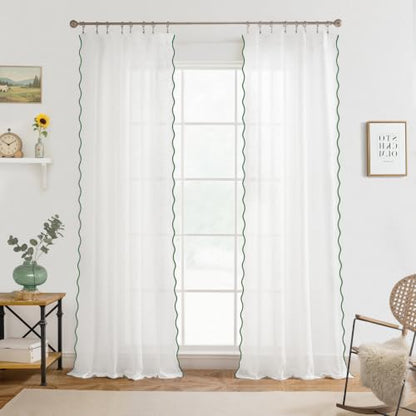 DriftAway Semi Sheer Scalloped Edge Linen Curtains, Loden Green, 52x96 - color: White Loden Green, size: 52"W x 96"L (Pack of 2)