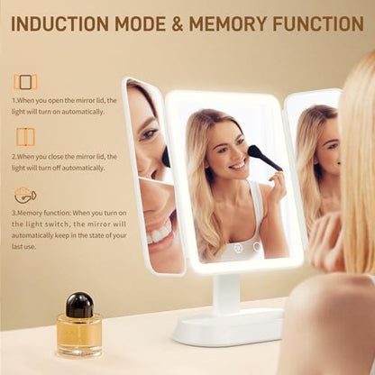 FRANO Trifold Makeup Mirror with Light, 3X/5X Magnifying Vanity Mirror, - color: White