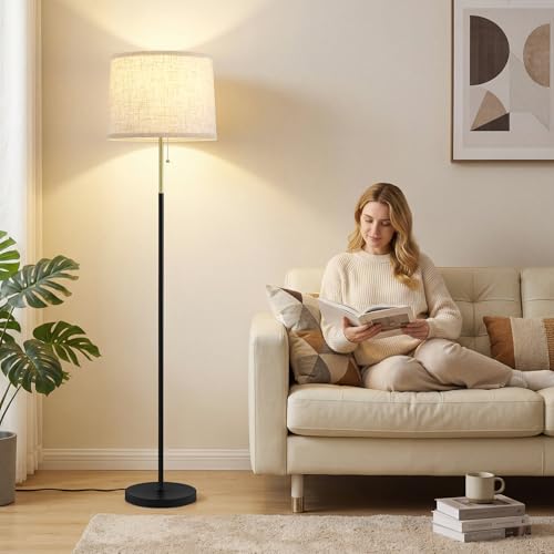 Floor Lamps for Living Room & Bedroom, 60" Modern Tall Standing Lamp, 3CCT - color: Linen T-Shades+Blackgold Pole