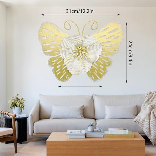 JinKune 12'' Butterfly Wall Decor 3D Double Layered Butterfly Leaf Floral Wall Art, Metal Wall Hanging Home Decorations Wall Sculpture Decor For Living Room Bedroom Kitchen Dining Room, Gold-Beige - color: Gold-Beige