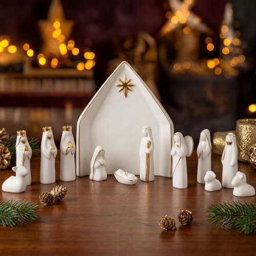 NEROSUN Ceramic 13Pcs Nativity Scene Set with Gold Trim - color: Ceramic Nativity Scene (Gold Trim)