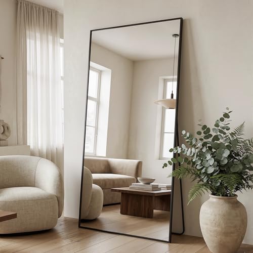 Full Length Mirror, 86"x46" Floor Mirror Freestanding, Oversized Floor Standing Mirror Full Body Mirrors with Stand for Bedroom, Hanging Mounted Mirrors for Living Room Cloakroom, Black, Rect - color: Black, size: 86"L x 46"W, style: Rect Style