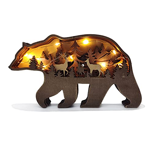Wooden Brown Bear Decor with Light, Forest Animals Table Decor, Wooden Knick Knacks Decorations for Home - color: Brown Bear（light）