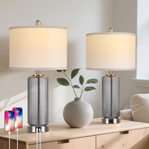 WIHTU Modern 27" Touch Table Lamp, Gray Glass Beside Lamps, Dimmable - color: Gray