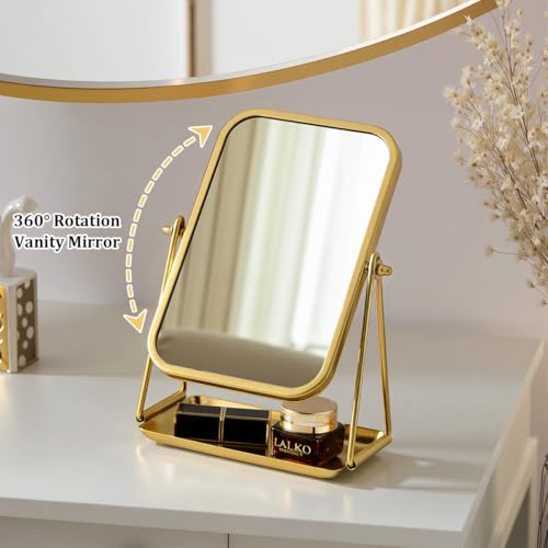 Gold Desk Mirror with Storage Rectangular Tabletop Vanity Mirror - color: Rectangular-gold