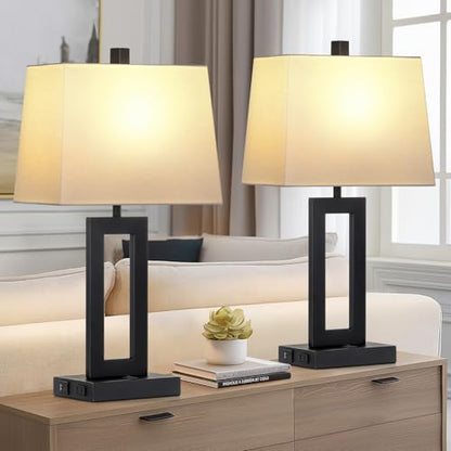 Cinkeda Black Bedside Table Lamp Set of 2,Nightstand Lamps with USB Ports - color: A.White&Black