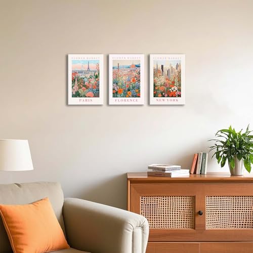 XLARTMY Flower Market Wall Art Prints Canvas Orange and Pink Floral Paintings Colorful Botanical Travel Flower Posters for Home Decor Pictures Set of 3 for Living Room Bedroom 12x16in - color: Flower Market ORange-1, size: 12x16in Canvas