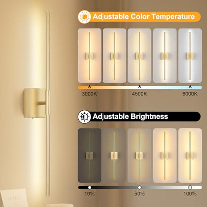 Battery Operated Wall Sconce Set of Two with Remote Control, 3000K-6000K Dimmable Gold Wall Lights, Timable LED Wireless Wall Sconces, 350° Ratate for Bathroom, Living Room, Hallway 29.1 Inch - color: Gold, size: 29.1in(2 Pack)