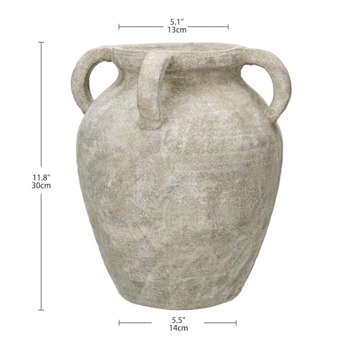 Handmade Flower Vase, 12" Tall Terracotta Vase, Green Vintage Ceramic vase, Rustic Antique Decor with 3 Handles, Wide Mouth, Matte Finish for Home Office Resto Café Décor - color: Green With Handles 12"