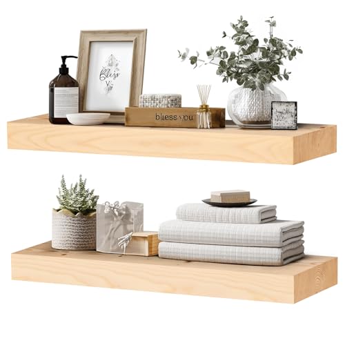 Solid Wood Floating Shelves, 24 Inch Wall Shelves, Set of 2, Wood - color: Wood, size: 24x8x1.6