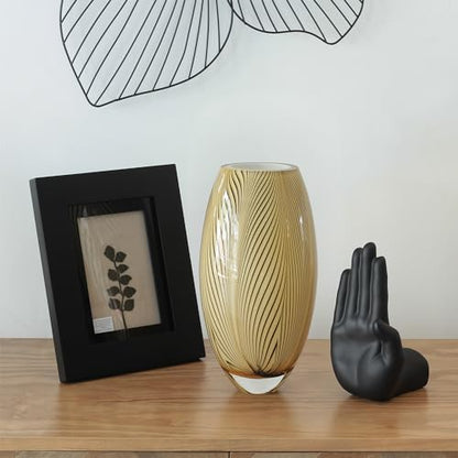 Murano Style Glass Vase Hand Blown Amber Feather Pattern Effect Home Decor - color: Amber