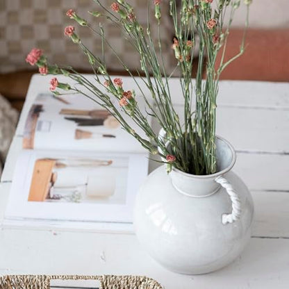 9.25 Inches Stoneware Vase with Twisted Handles and Reactive Glaze, Cream Color - color: Cream