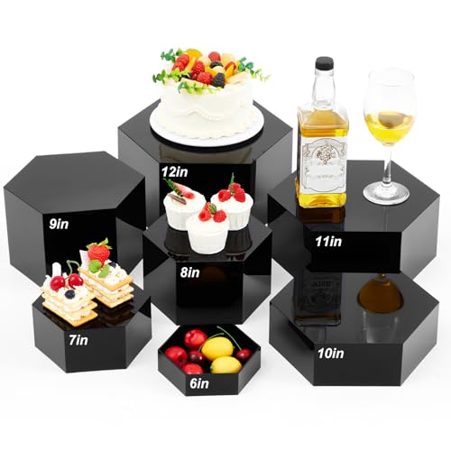 Leinuosen 7 Pcs Large Acrylic Buffet Risers, 6-12" Hexagonal, Black - color: Black, size: 6" to 12", style: Hexagonal