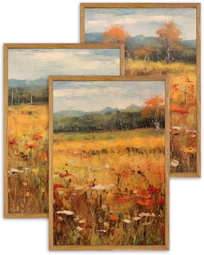 UPWOIGH Autumn Meadow Framed Wall Art Set of 3, 16 x 24 Inch - color: Gold Autumn, size: 24"L x 16"W