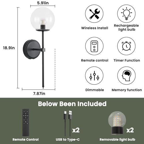 Globe Battery Operated Sconce Set of 2 with Clear Glass Lampshade - color: Black-Clear
