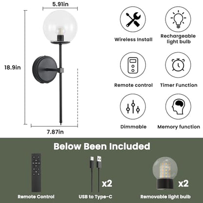 Globe Battery Operated Sconce Set of 2 with Clear Glass Lampshade - color: Black-Clear