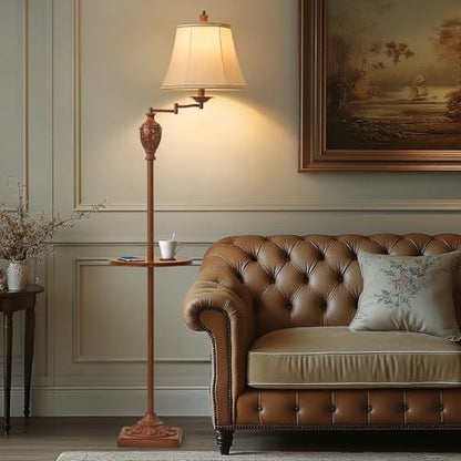 Traditional Floor Lamp with Tray, Remote Dimmable,350° Swing Arm and Walnut - color: Walnut-2