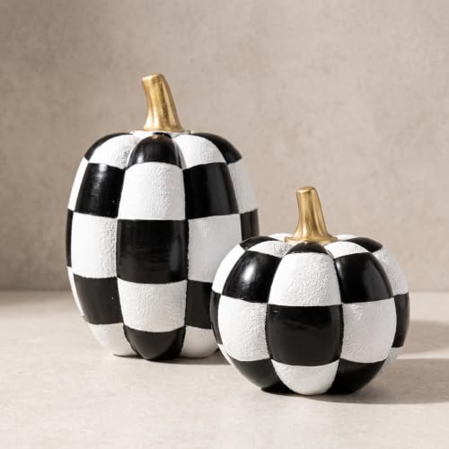 Black and White Checkered Pumpkins with Gold Stem for Halloween Decor - color: Black White Gold-set of 2