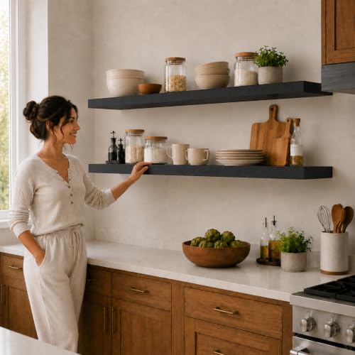 Rusitc Floating Shelves 48 inch Long 8 "deep Set of 2, Heavy Duty Wood Wall Mounted Shelves for Bathroom Living Room Kitchen,Book Shelves with Thickened Hidden Bracket-Black - color: Black, size: 48'' x 8''x 2''(set of 2）