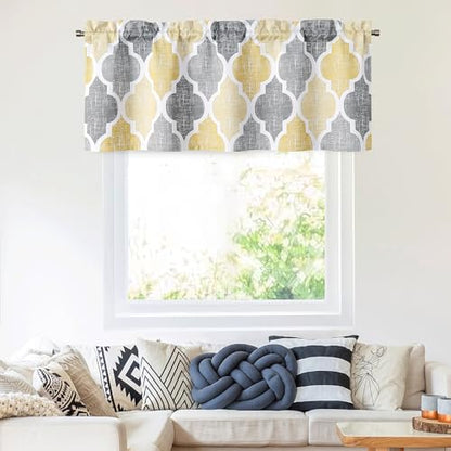 Beauoop Moroccan Valance Curtains Kitchen Cafe Yellow Grey 52x18 1 Panel - color: Rod Pocket | Yellow and Grey, size: 50"W x 18"L (Pack of 1)
