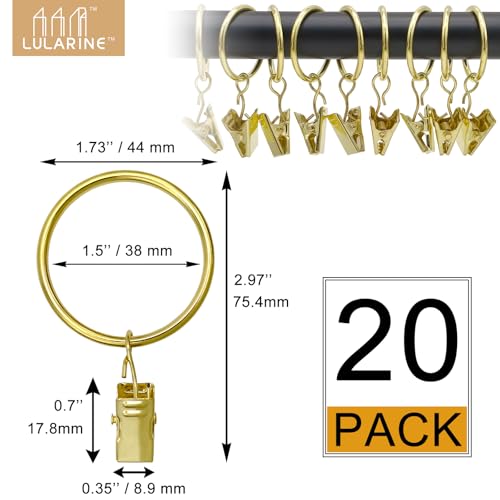20 Pack Curtain Rings with Clips 1.5" Interior Diameter,Metal Drapery Clips with Rings,Curtain Clips,Strong Vintage Decorative Rustproof Drapery Ring with Hooks for Bathroom,Bedroom(Golden) - color: Golden, size: 1.5"-20pack